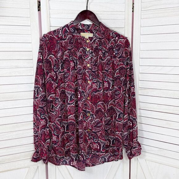 Michael Michael Kors Paisley Ruffled Button Front Blouse Red Blue Large - Picture 8 of 12